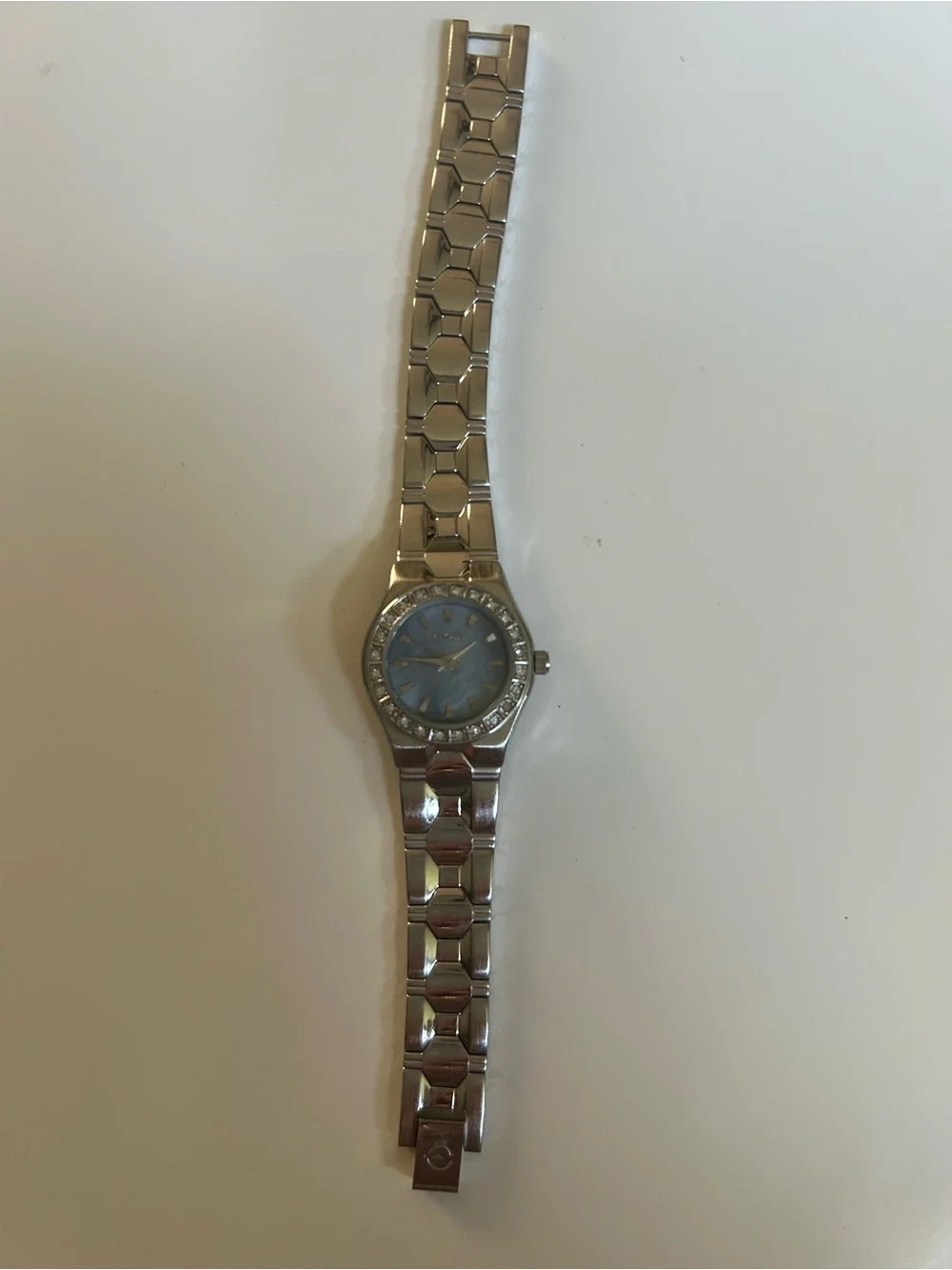 Elgin Stainless Steel Watch with Blue Dial and Crystal Bezel